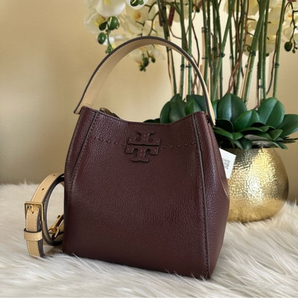 New Tory Burch SMALL wine MCGRAW TEXTURED BUCKET BAG